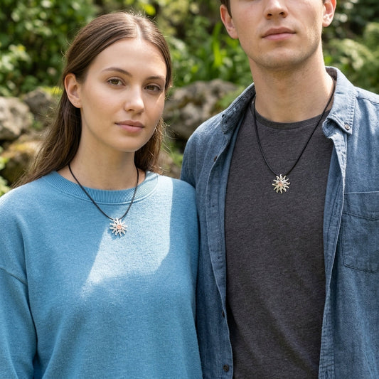 Male model with casual shirt open, displaying a small silver sunburst pendant at his heart, set against a lush green outdoor background.