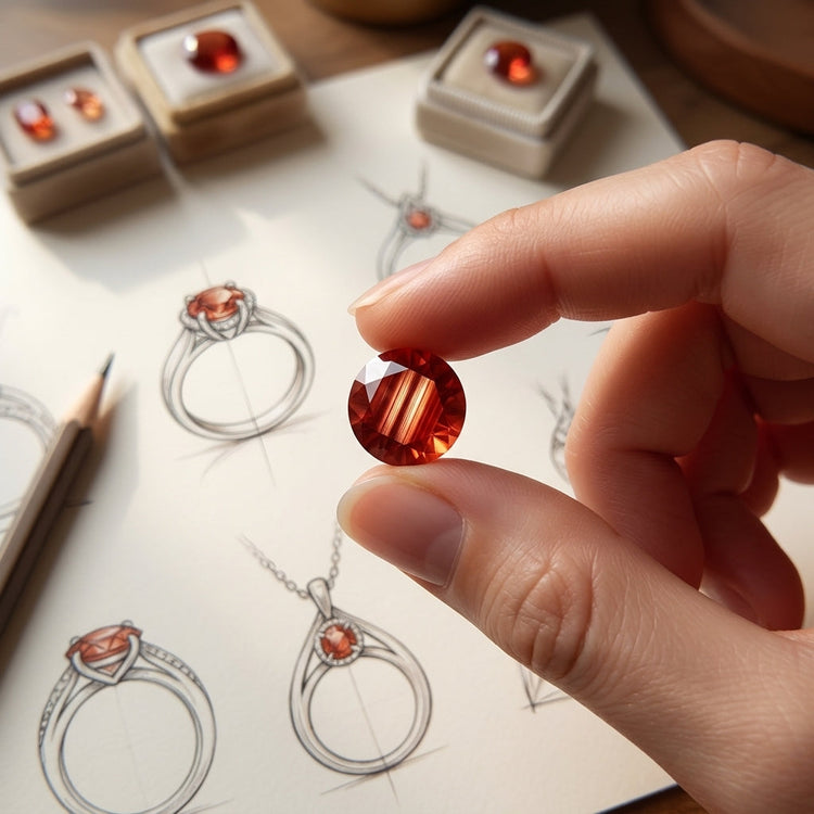 Close-up of Oregon Sunstone gem held by a smooth hand, focusing on vibrant red-orange hue, schiller streaks, with artistic jewelry sketches behind.
