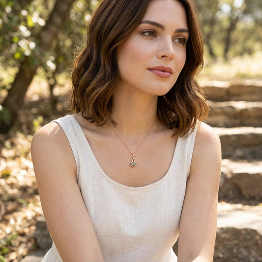 Close-up of the gold 'Romance' necklace featuring a 5mm green Oregon Sunstone pendant on textured linen background, highlighting fine details and colors.