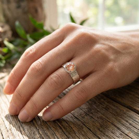 Close-up of Silver 'Ashera Juniper Goddess' engagement ring on a hand, highlighting the sunstone's shimmer and detailed silver band.