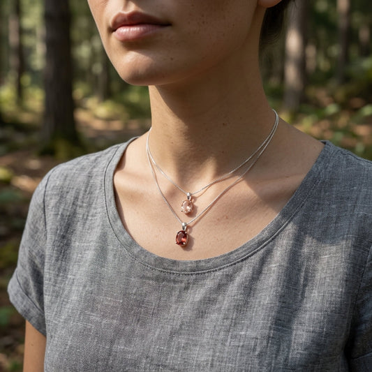 Female model wearing a tiny sterling silver sunstone pendant necklace outdoors with a natural background.
