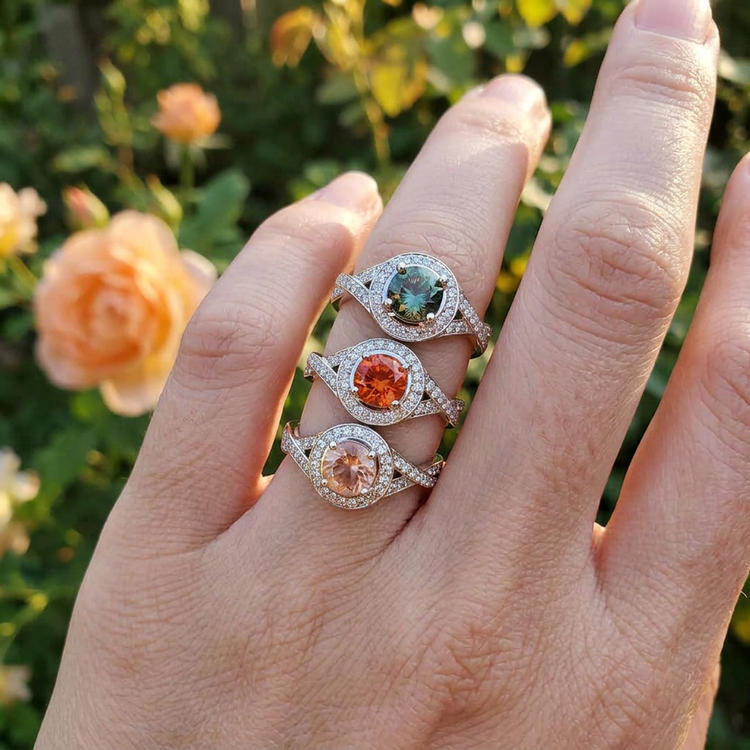 Close-up of a petite white gold wedding ring with Oregon Sunstone and diamond halo on a natural light background with greenery and sunlight.