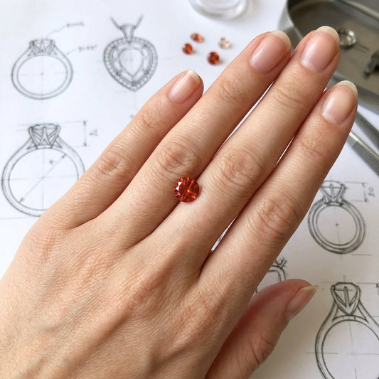 Round faceted Oregon Sunstone resting on a refined hand, highlighting sunset red-orange color and schiller streaks with subtle jewelry sketches in background.