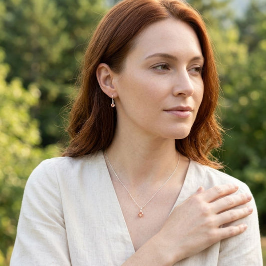 Female model wearing sterling silver hoop earrings with peach-hued Oregon Sunstone dangles, outdoors with natural scenery and relaxed pose.