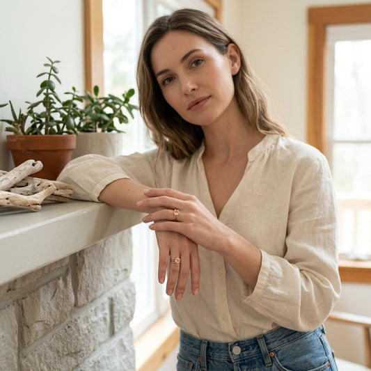 Full-body shot of a stylish model outdoors wearing a rose gold sunflower ring with Oregon Sunstone, casual summer outfit, natural lighting.