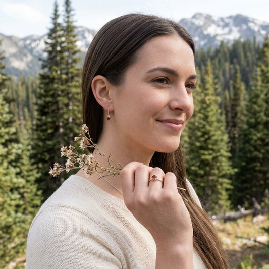 Full-body outdoor shot of a model wearing tiny silver sunstone earrings with a matching ring, in a natural setting with pine trees and mountains, emphasizing jewelry scale and style.