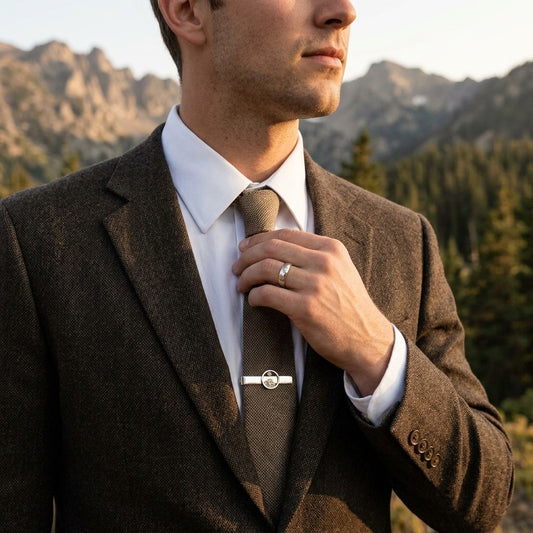Male model in western attire with tie bar on tie knot, outdoor landscape during golden hour in Pacific Northwest.