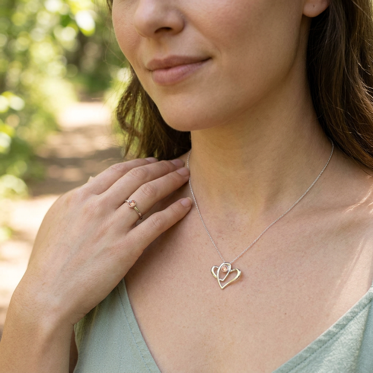 Full-body shot of woman wearing sterling silver 'Two Hearts as One' necklace with Oregon Sunstone in natural outdoor environment with soft sunlight and greenery background.