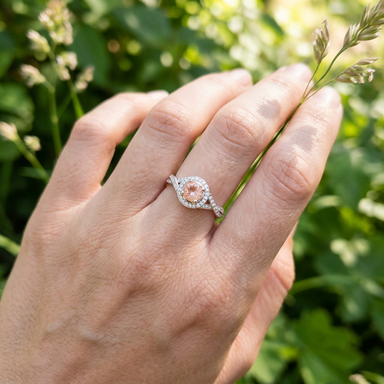 Outdoor scene with a model’s hand displaying a petite white gold wedding ring with Oregon Sunstone in a lush garden environment.