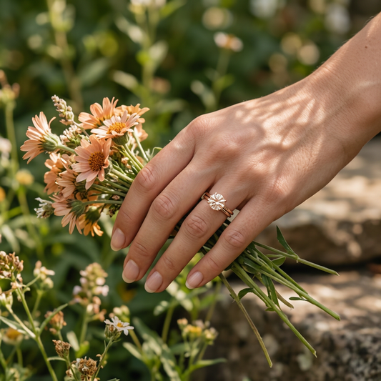Delicate hand holding wildflowers displaying white gold sunstone engagement ring with orange sunstone extra small size.