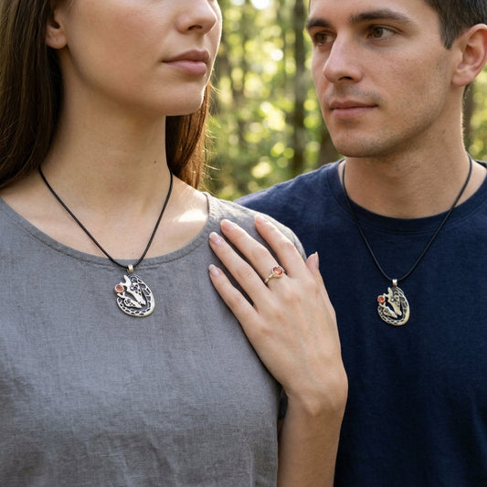 Full-body shot of a female and male model wearing petite giraffe love pendants outdoors, casual attire, natural setting.