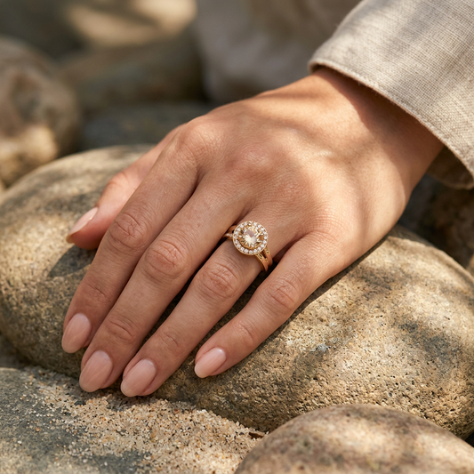 Hand resting on a stone with a close-up of the sunstone halo ring, highlighting its delicate design and radiant details in natural surroundings.