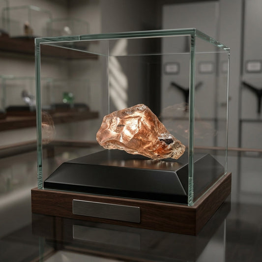 Studio scene with a small, clear display case holding a copper-schiller Oregon Sunstone crystal, illuminated to emphasize internal shimmer and micro-texture.