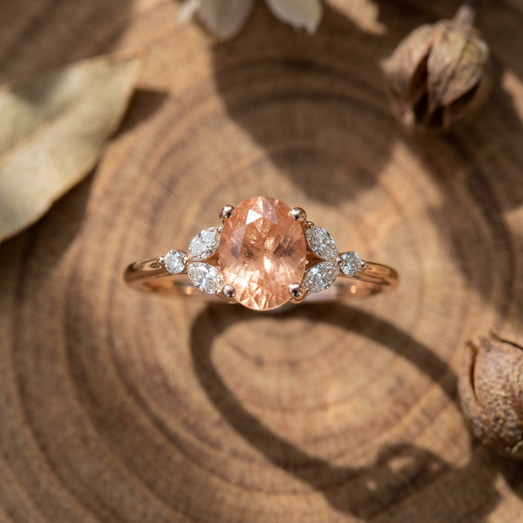 Close-up of the Mkayla Sunstone Engagement Ring in rose gold with peach champagne sunstone and diamond accents on a wooden surface.
