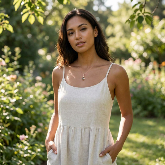 Full-body shot of a model wearing the petite gold 'Romance' necklace in a garden setting, showcasing the delicate pendant and chain in natural sunlight.