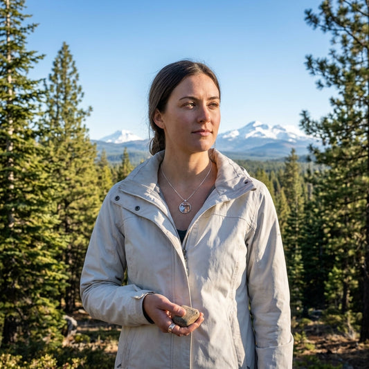 Model outdoors wearing the Oregon Mountain Pendant on sterling silver chain, with natural Oregon wilderness background.
