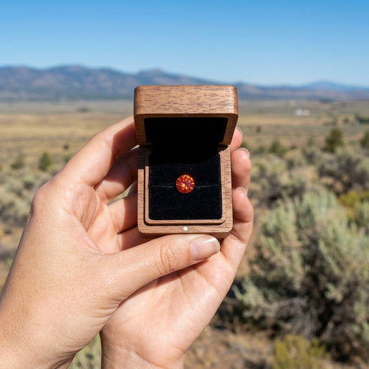 Vivid orange Oregon Sunstone in a sleek acrylic case on natural wood, illuminated by diffuse light highlighting its facets and fiery glow.