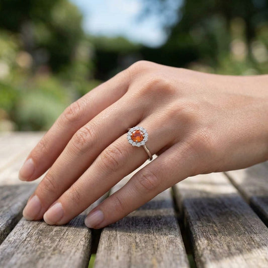 Model displaying a delicate 14K white gold diamond halo ring with orange sapphire in a relaxed outdoor setting with natural lighting.