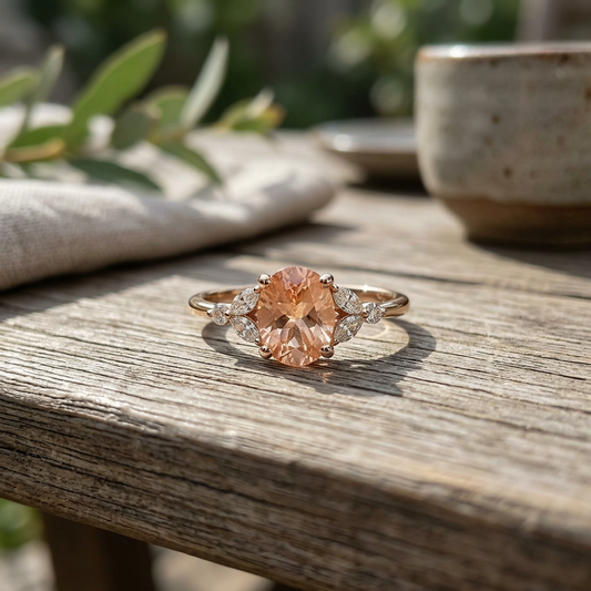 The Mkayla Sunstone Engagement Ring placed on outdoor table setting, highlighting detailed band, sparkling sunstone, and elegant femininity in natural light