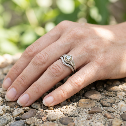Casual outdoor scene showing a hand with vintage-inspired 14K white gold diamond wedding set resting on a textured earthy surface, illuminated by soft natural sunlight.