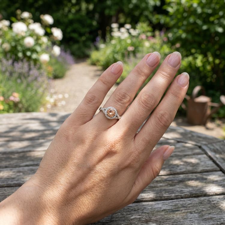 Model showcasing a delicate white gold wedding ring with Oregon Sunstone and tiny diamonds outdoors amid flowers and grassy textures.