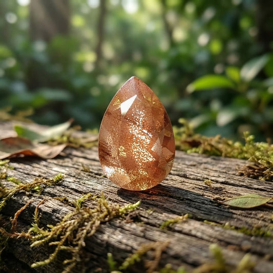 Close-up of peach Schiller sunstone gemstone with coppery schiller effect, set outdoors on a natural wooden surface, showcasing vibrant peach hue.