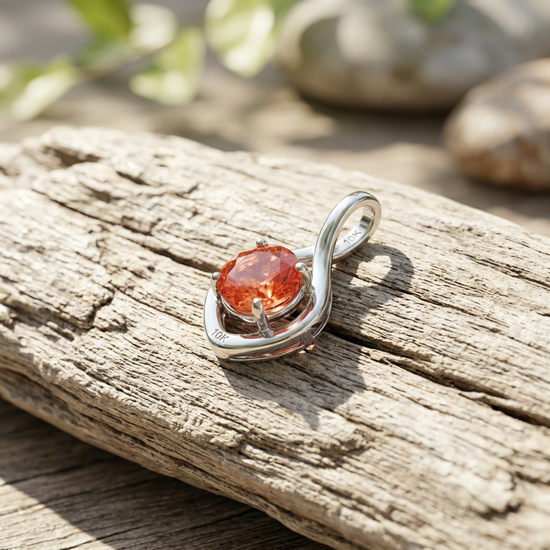 Close-up of infinity necklace pendant without chain on a natural wood or stone surface, highlighting vibrant red sunstone and white gold setting.