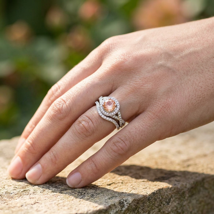 Profile of a hand with a white gold wedding and engagement ring set featuring Oregon Sunstone on a rustic wooden surface in natural lighting.