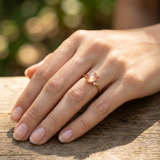 Close-up of Odyssey Cabochon Ring on a relaxed hand outdoors, featuring a peach Oregon Sunstone in a natural, rustic setting.