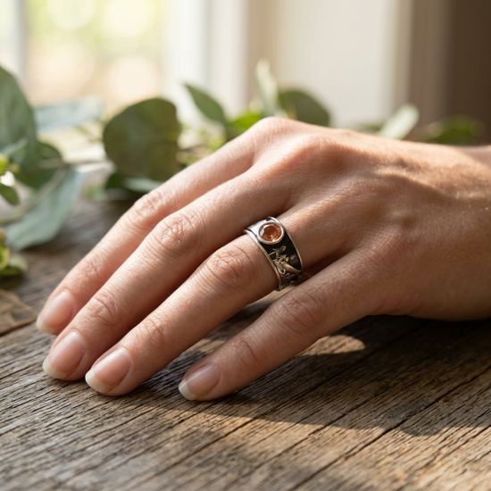 Tiny Oregon Wonderland Engagement Ring on a natural wooden surface with blurred greenery, highlighting the silver band and sunstone hues.
