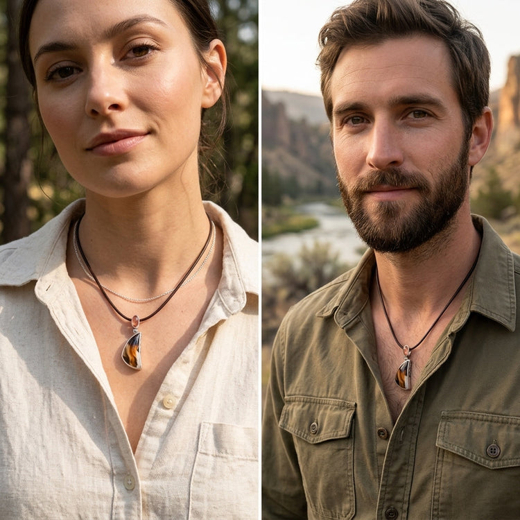Close-up of the Montana Agate and Sunstone pendant on display stand highlighting micro-texture and craftsmanship.