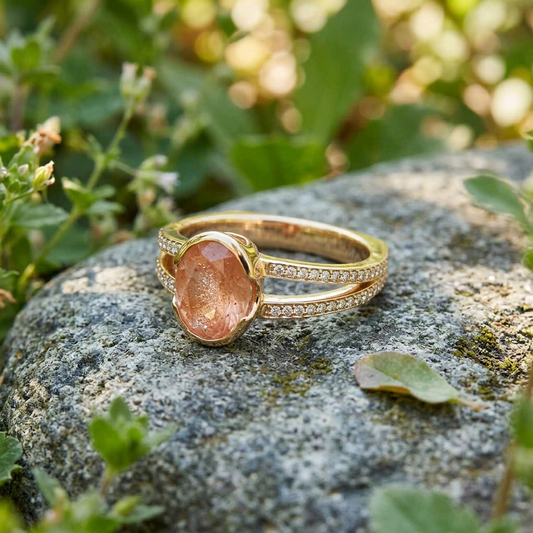 Full view of a small 10K yellow gold Sunstone engagement ring with diamonds on weathered stone, highlighting vibrant color, square Euro shank, and natural outdoor setting.