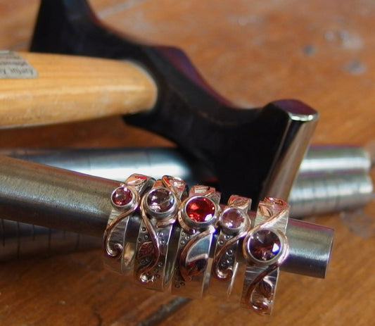 Silver, Rose Gold, Botanical Leaf Spiral Ring with Oregon Sunstone