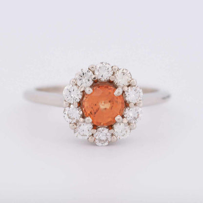 14K White Gold Diamond Halo Ring set with Orange Sapphire