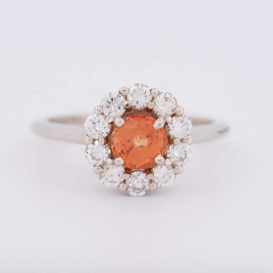 14K White Gold Diamond Halo Ring set with Orange Sapphire