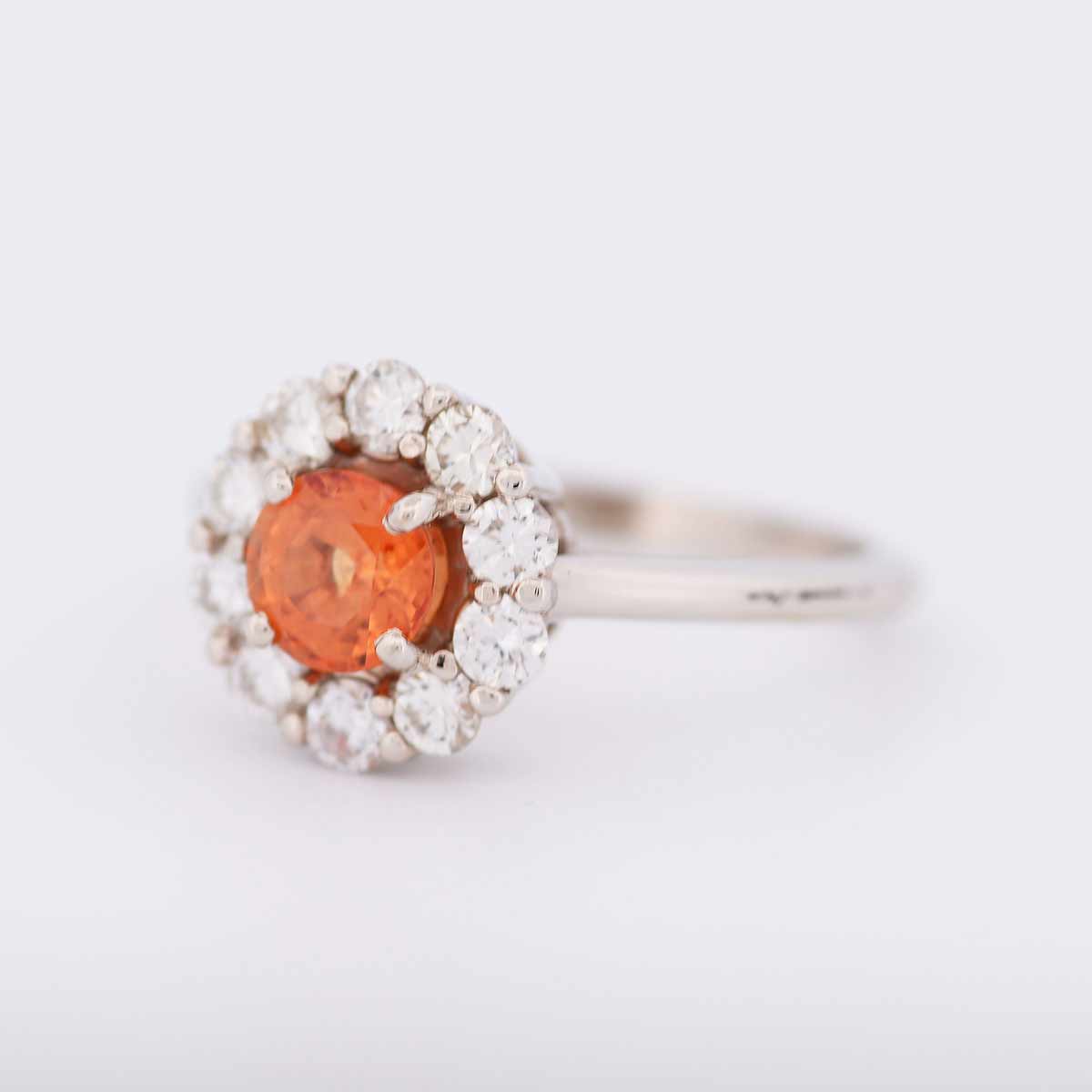 14K White Gold Diamond Halo Ring set with Orange Sapphire