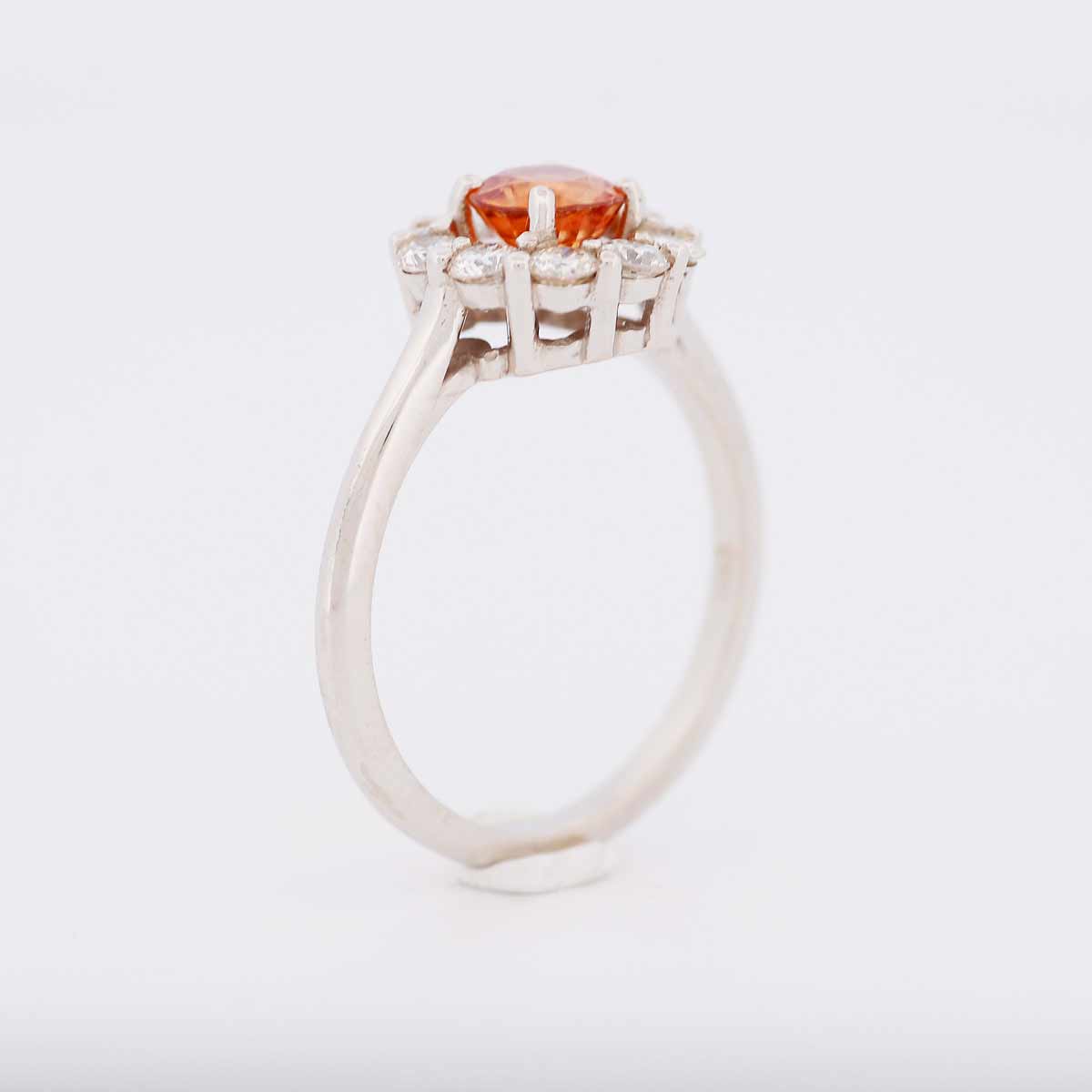 14K White Gold Diamond Halo Ring set with Orange Sapphire